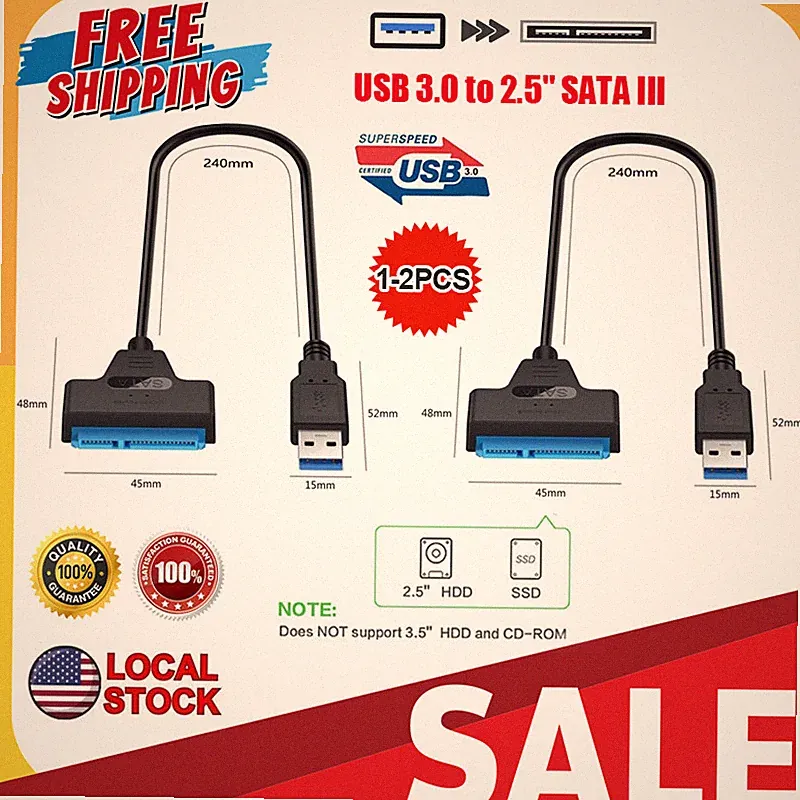 1-2PCS SATA to USB 3.0 Cable USB to SATA III Hard Drive Adapter 2.5'' SSD HDD