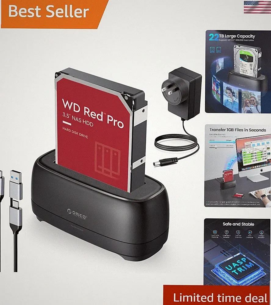 5Gbps USB C Hard Drive Docking Station for 2.5”/3.5” Drives, 22TB Capacity