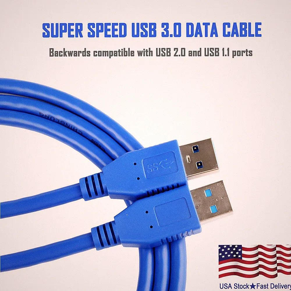 New USB 3.0 Male to Male Cable Cord for Data Transfer Hard Drive Blue 2FT