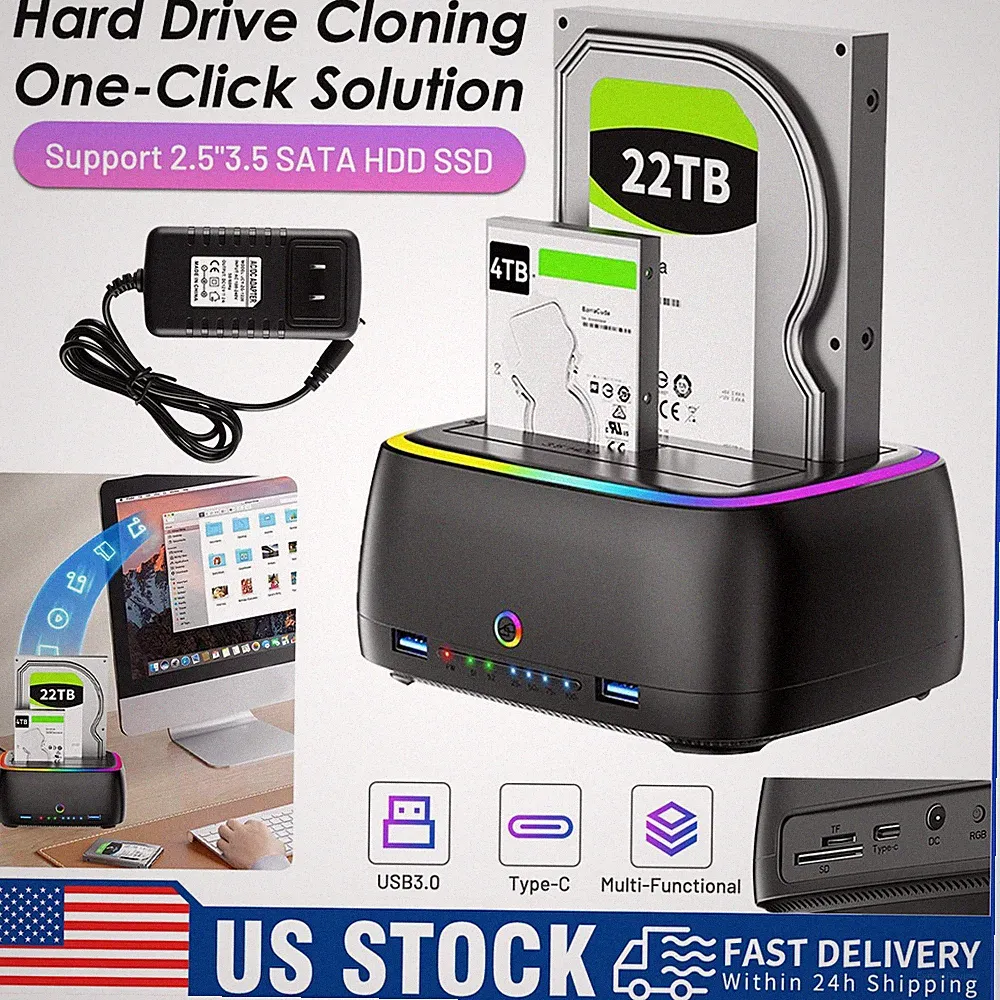 USB 3.0 to SATA 2.5" 3.5" SSD HDD Hard Drive Docking Station SD Card Reader Hub