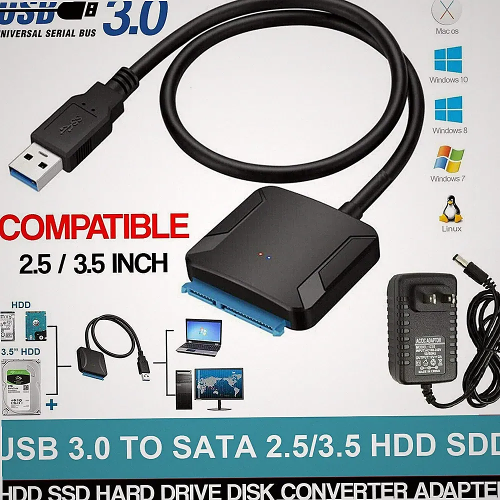 USB 3.0 to SATA III Adapter for 2.5" 3.5" SSD HDD Hard Drive with 12V/2A Power
